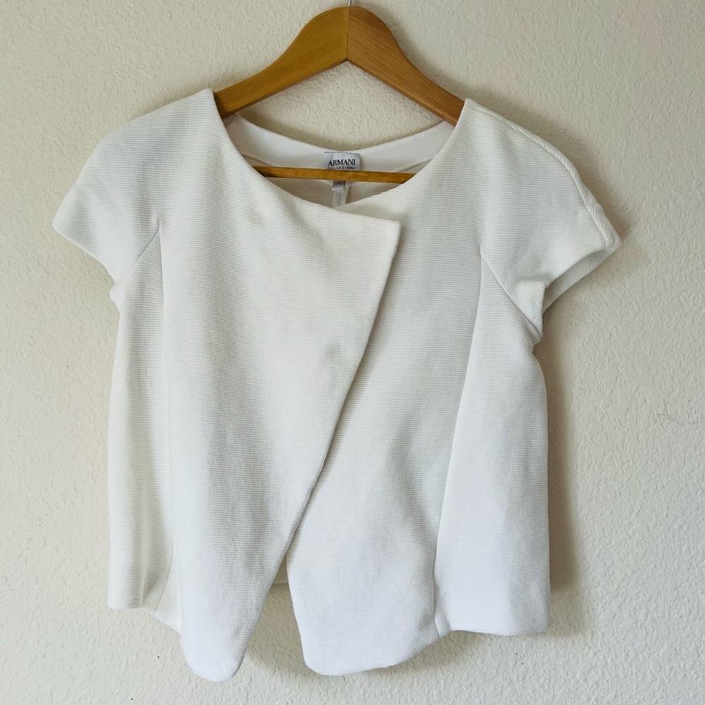 Armani Collezioni White Asymmetrical Fitted Cap Sleeve Blouse